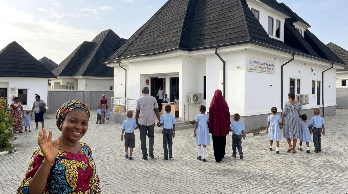Parents and children arriving at MindBloom Academy