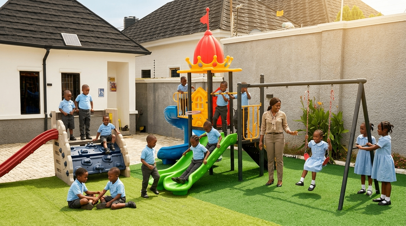 Wide playground with kids running
