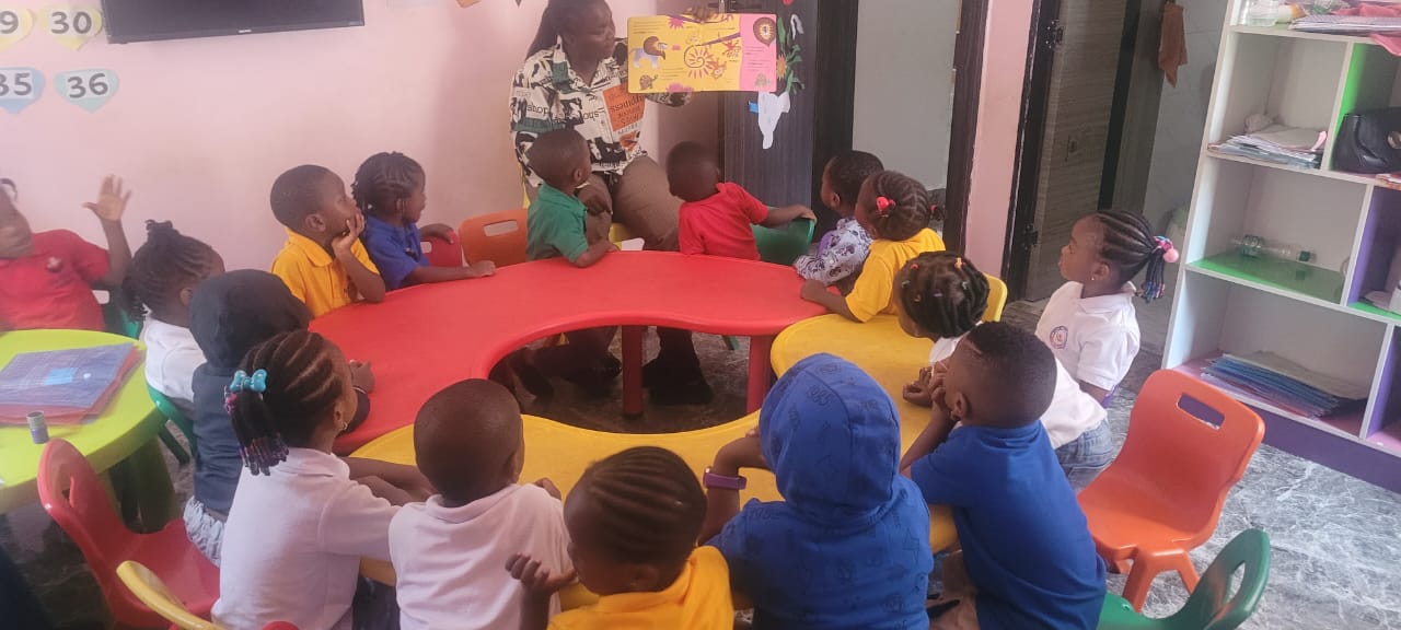 Story circle time with a teacher at MindBloom Academy